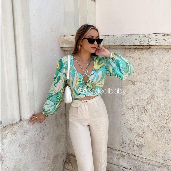 Zara Set Skirt + Crop Top 70’s Green White - Picture 6 of 12